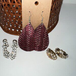 Set Of 3 Womens Earrings: Burgundy Leather Leaf Dangle Rhinestone Clip-On & Gold